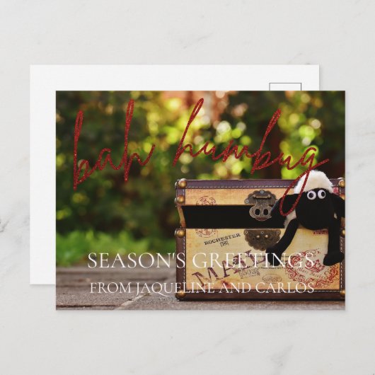 Red Glitter Script Bah Humbug Kerstmis Kaart (Voorkant / Achterkant)