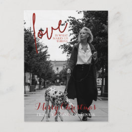 Red Glitter Script Elegant Foto met kerstpostauto Briefkaart