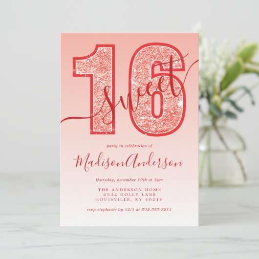 Red Glitter Script Sweet 16 Birthday Party Kaart (Staand voorkant)