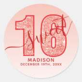 Red Glitter Script Sweet 16 verjaardag Ronde Sticker (Voorkant)