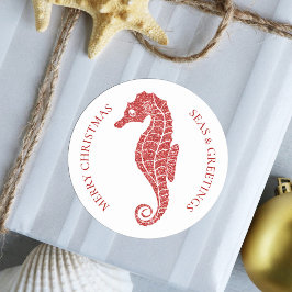 Red Glitter Seahorse Tropical Beach Kerstmis Ronde Sticker
