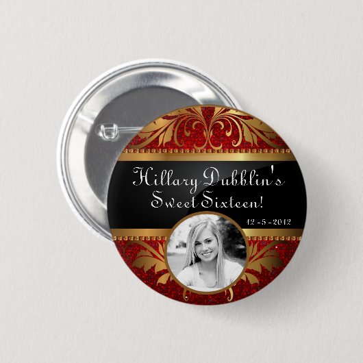 Red Glitter Sequin Disco Glitz Foto Button (Voorkant /achterkant)