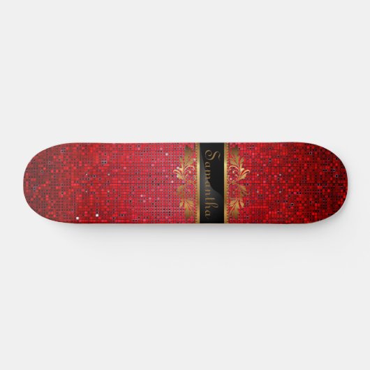 Red Glitter Sequin Disco Old School Skateboard (Horizontaal)