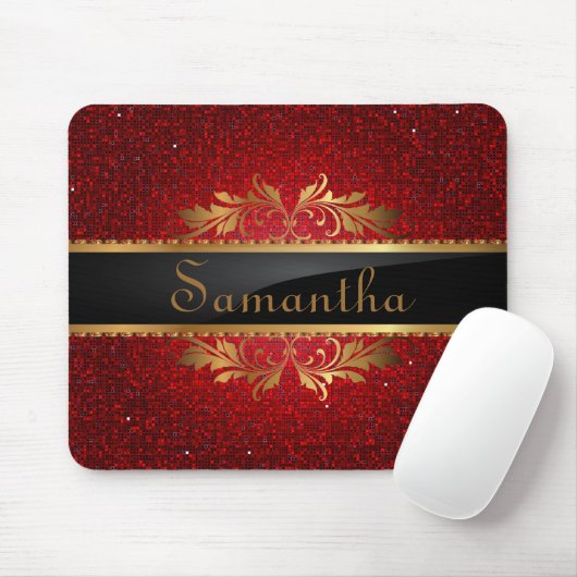 Red Glitter Sequin Disco Personalized Mousepad Muismat (Met muis)