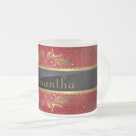 Red Glitter Sequin Frosted Glass Coffee Mok Cup (Voorkant rechts)