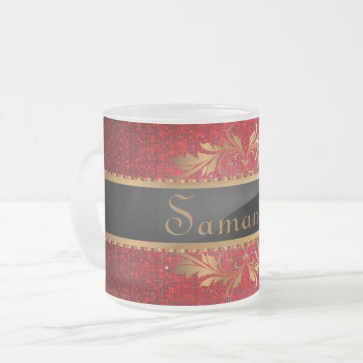 Red Glitter Sequin Frosted Glass Coffee Mok Cup (Voorkant links)