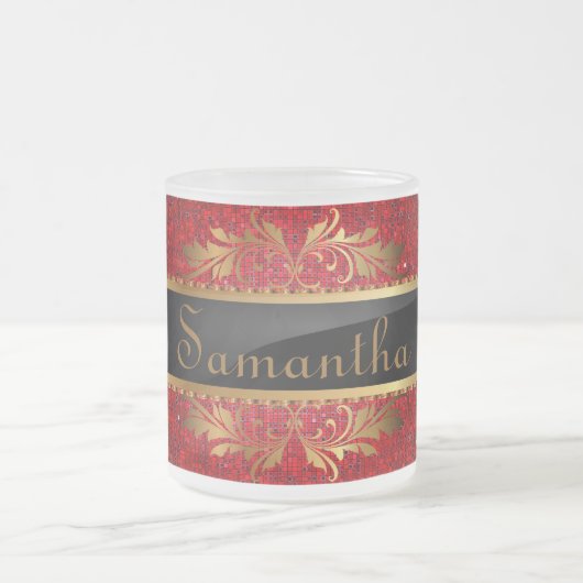 Red Glitter Sequin Frosted Glass Coffee Mok Cup (Center)