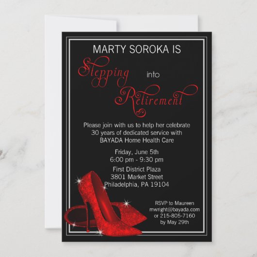 Red Glitter Shoes Retirement Invitation Kaart (Voorkant)