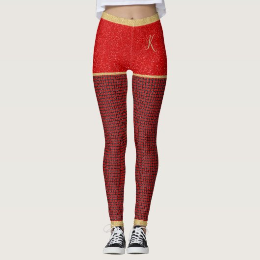 Red Glitter Shorts, Red Black Pattern, Monogram Leggings (Voorkant)