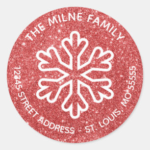 Red Glitter Sneeuwvlok - Cirkel retouradres Ronde Sticker