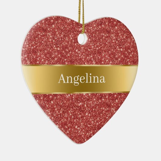 Red Glitter Sparkle Gold Ribbon Christmas Keramisch Ornament (Rechts)