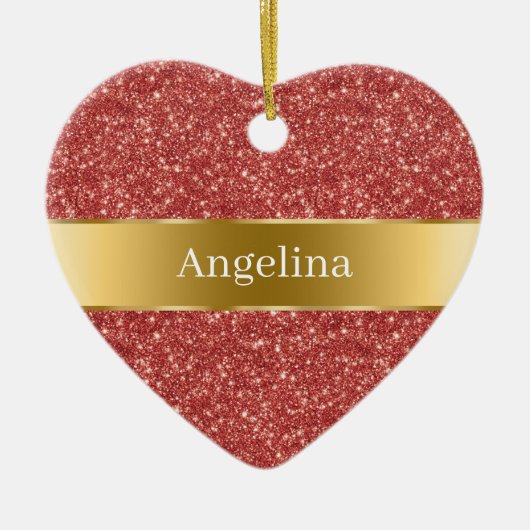 Red Glitter Sparkle Gold Ribbon Christmas Keramisch Ornament (Voorkant)
