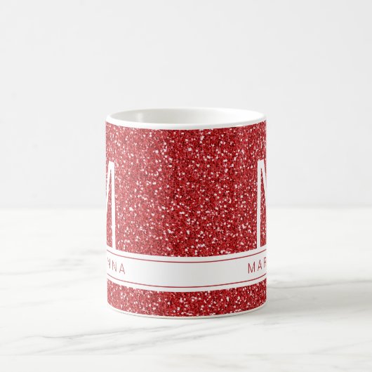 Red Glitter Sparkle Monogram Eigen naam Initiaal Koffiemok (Center)