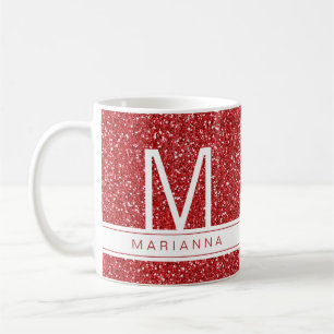 Red Glitter Sparkle Monogram Eigen naam Initiaal Koffiemok