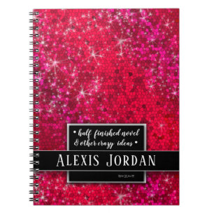 Red Glitter Sparkles Black White Monogram Glam Notitieboek