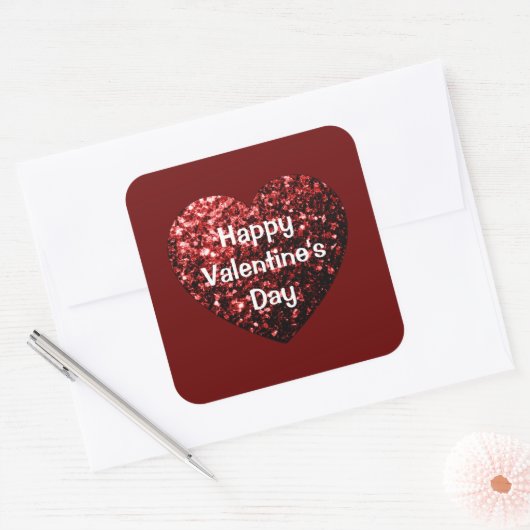 Red Glitter sparkles Heart Happy Valentine's Day Vierkante Sticker (Envelop)