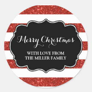 Red Glitter Stripes Merry Kerstmis, aangepast Ronde Sticker