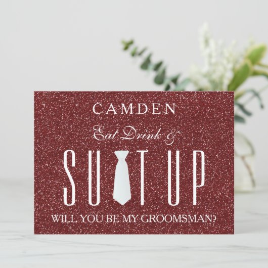 Red Glitter Suitup Wil jij mijn bruidsman zijn? Kaart (Staand voorkant)