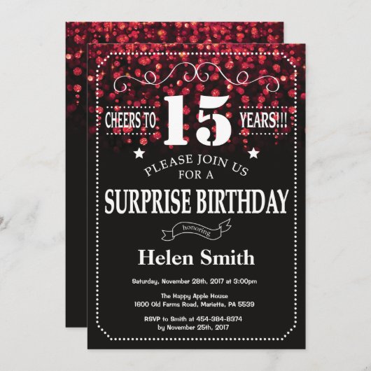 Red Glitter Surprise 15e verjaardag Uitnodiging (Voorkant / Achterkant)