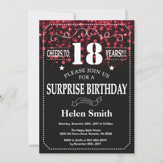 Red Glitter Surprise 18th Birthday Invitation Kaart (Voorkant)