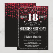 Red Glitter Surprise 18th Birthday Invitation Kaart (Voorkant / Achterkant)