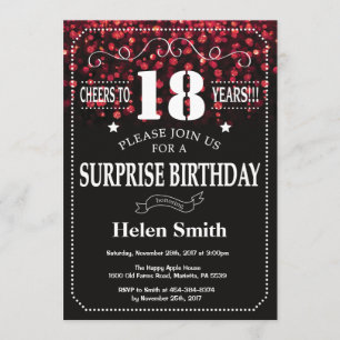 Red Glitter Surprise 18th Birthday Invitation Kaart