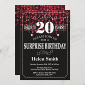 Red Glitter Surprise 20th Birthday Invitation Kaart (Voorkant / Achterkant)