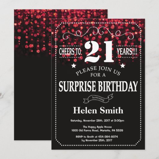 Red Glitter Surprise 21e verjaardag Kaart (Voorkant / Achterkant)