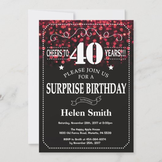 Red Glitter Surprise 40th Birthday Invitation Kaart (Voorkant)
