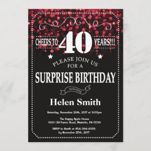 Red Glitter Surprise 40th Birthday Invitation Kaart