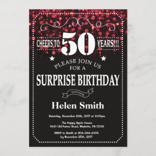 Red Glitter Surprise 50th Birthday Invitation Kaart