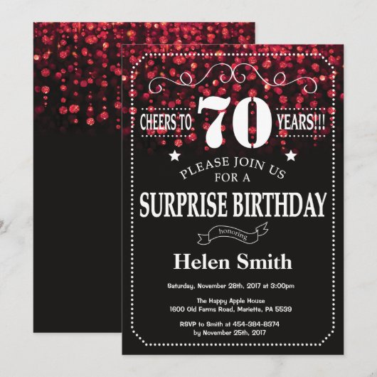 Red Glitter Surprise 70ste verjaardag Kaart (Voorkant / Achterkant)