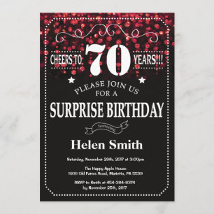 Red Glitter Surprise 70th Birthday Invitation Kaart