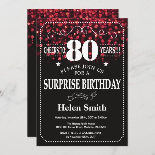 Red Glitter Surprise 80ste verjaardag Kaart (Voorkant / Achterkant)