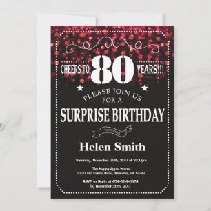 Red Glitter Surprise 80th Birthday Invitation Kaart