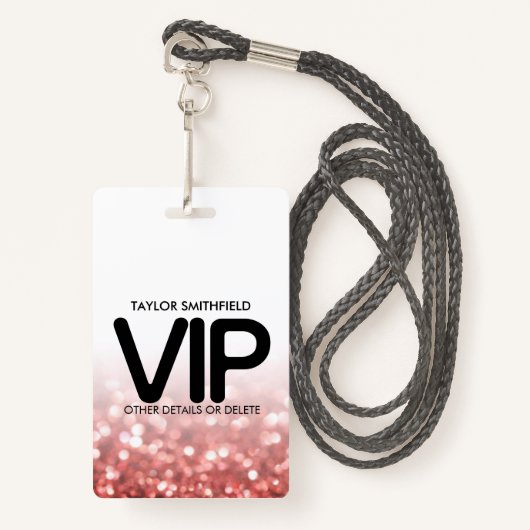 Red Glitter trendy modern VIP lanyard badge douane (Voorkant met draagriem)