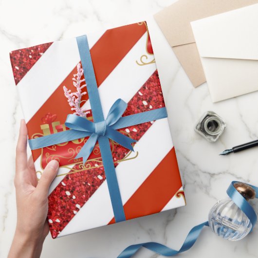 Red Glitter White Striped Christmas Sleigh Cadeaupapier (Geschenken)