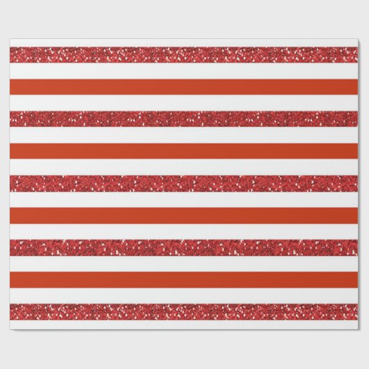 Red Glitter White Striped Holiday Cadeaupapier (Vlak)