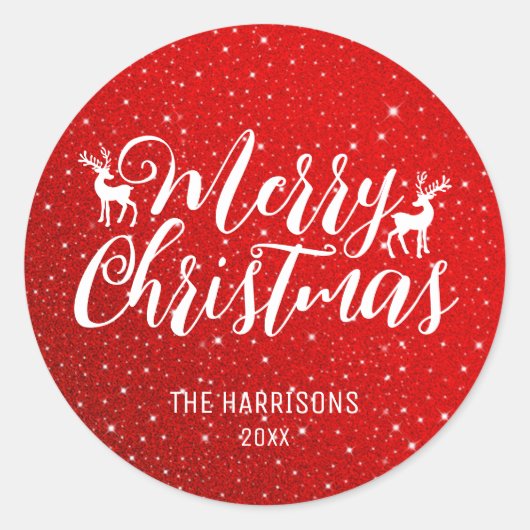 Red Glitter Witte Typografie Rendier Kerstmis Ronde Sticker (Voorkant)
