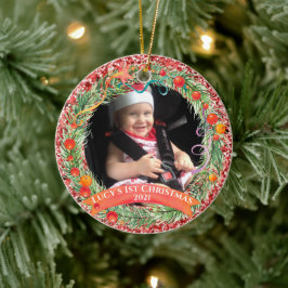 Red Glitter Wreath First Kerstannament Keramisch Ornament