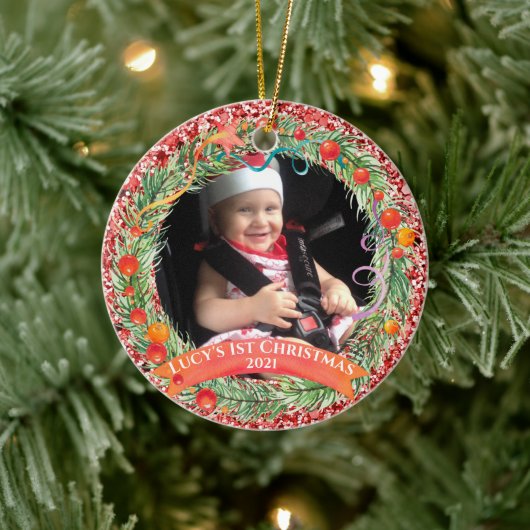 Red Glitter Wreath First Kerstannament Keramisch Ornament (Boom)