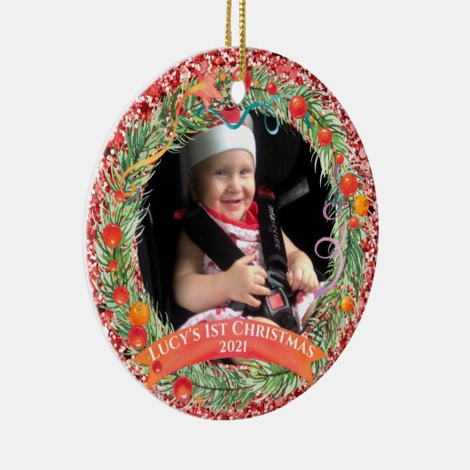 Red Glitter Wreath First Kerstannament Keramisch Ornament (Rechts)