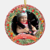 Red Glitter Wreath First Kerstannament Keramisch Ornament (Voorkant)