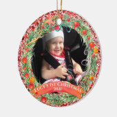 Red Glitter Wreath First Kerstannament Keramisch Ornament (Links)