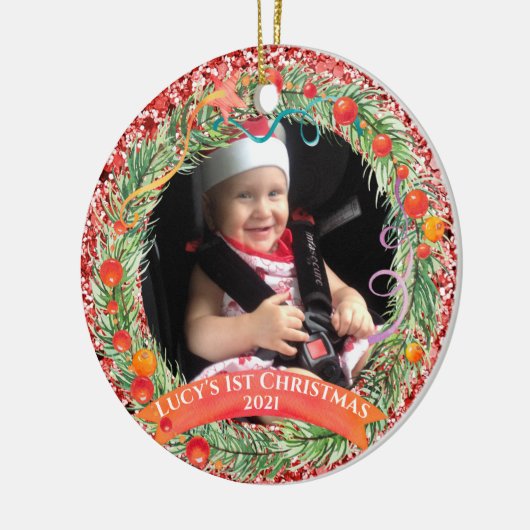 Red Glitter Wreath First Kerstannament Keramisch Ornament (Links)