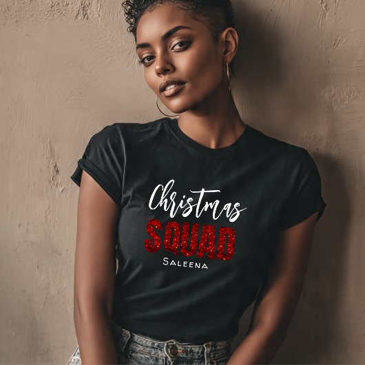 Red Glittery  Christmas Squad Name  T-shirt
