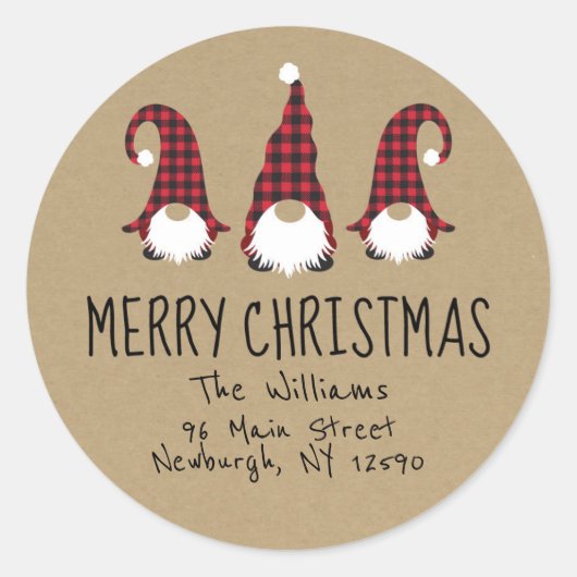 Red Gnome Merry Christmas retour adreslabel Ronde Sticker (Voorkant)