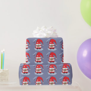 Red Gnome Pattern Blue Wrapping Paper Cadeaupapier