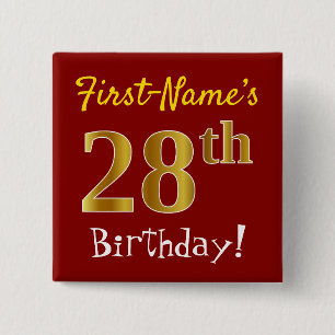 Red, Gold 28th Birthday, With Custom Name Vierkante Button 5,1 Cm