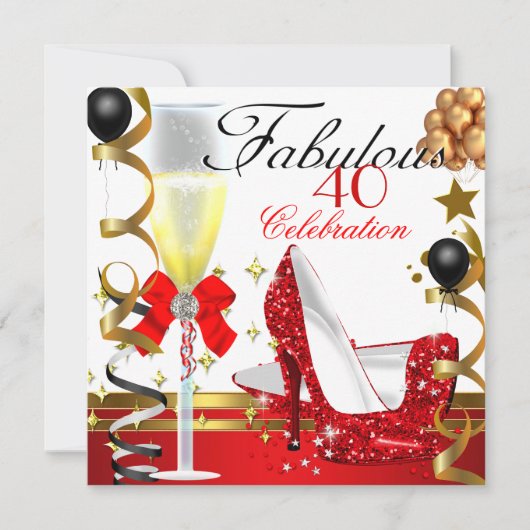 Red Gold 40 & Fabulous 40th Birthday Party Kaart (Voorkant)